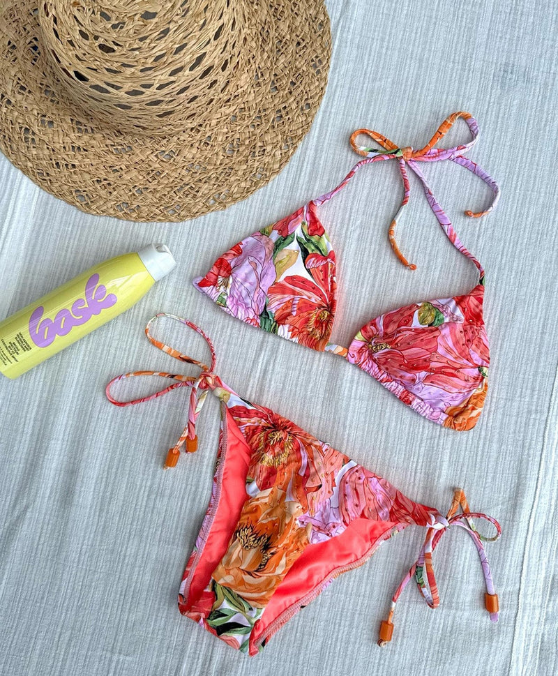PQ Swim Flora Embroidered Triangle Top with Full Tie-Side Bottom Bikini Set