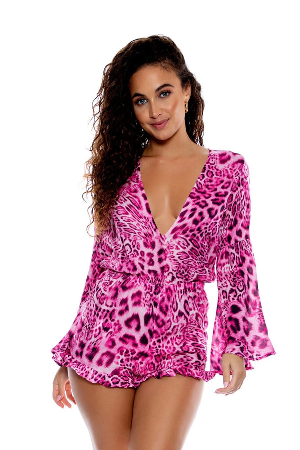 Luli Fama Wild Thing Bell Sleeve Romper in Neon Pink