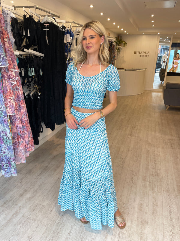 Sunday St Tropez Zig Zag Lurex Crochet Maxi Skirt Turquoise