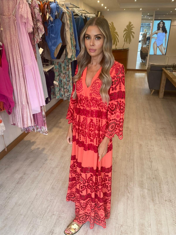 Long Sleeve Maxi Dress in Coral and Red