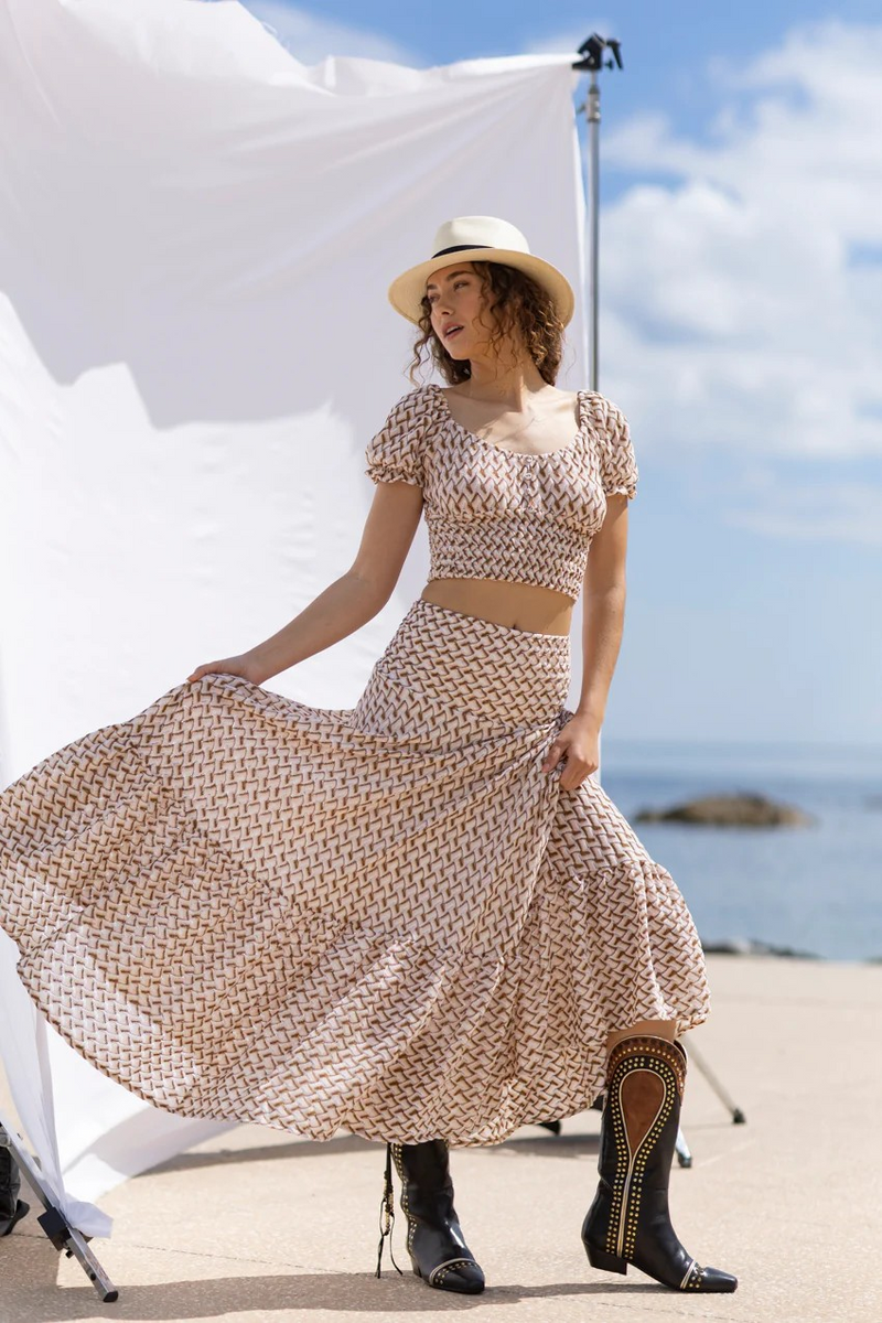 Sunday St Tropez Zig Zag Lurex Crochet Maxi Skirt Beige