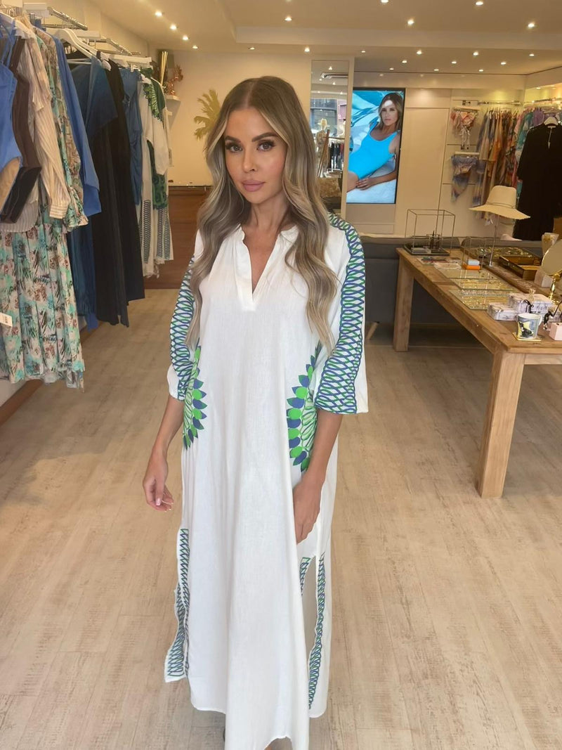 Valerie Khalfon Grecian V Neck Kaftan in White