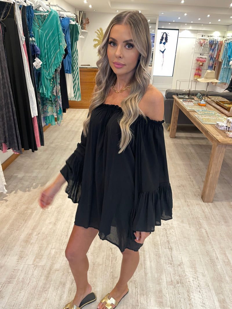 Elan Off Shoulder Ruffle Mini Dress Black