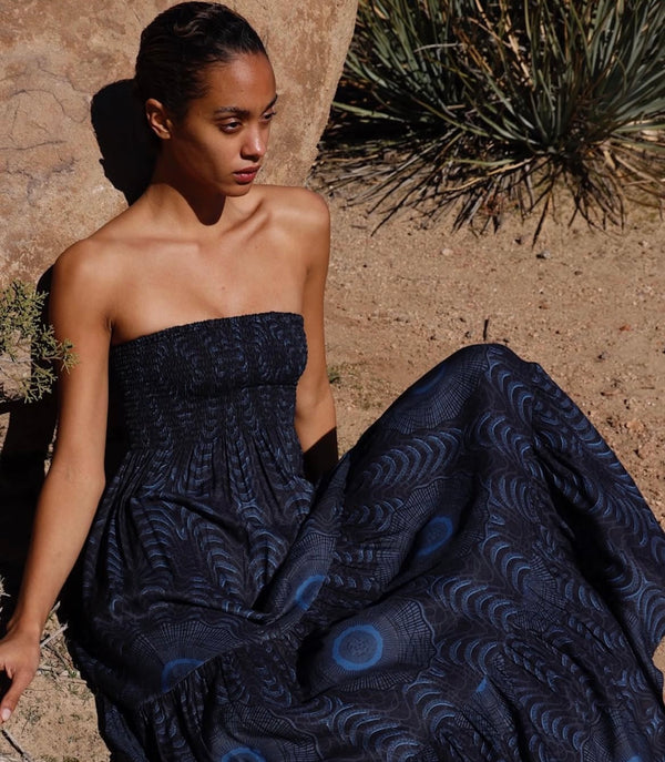 Hansine Gaia Dress in African Peacock Print in Midnight