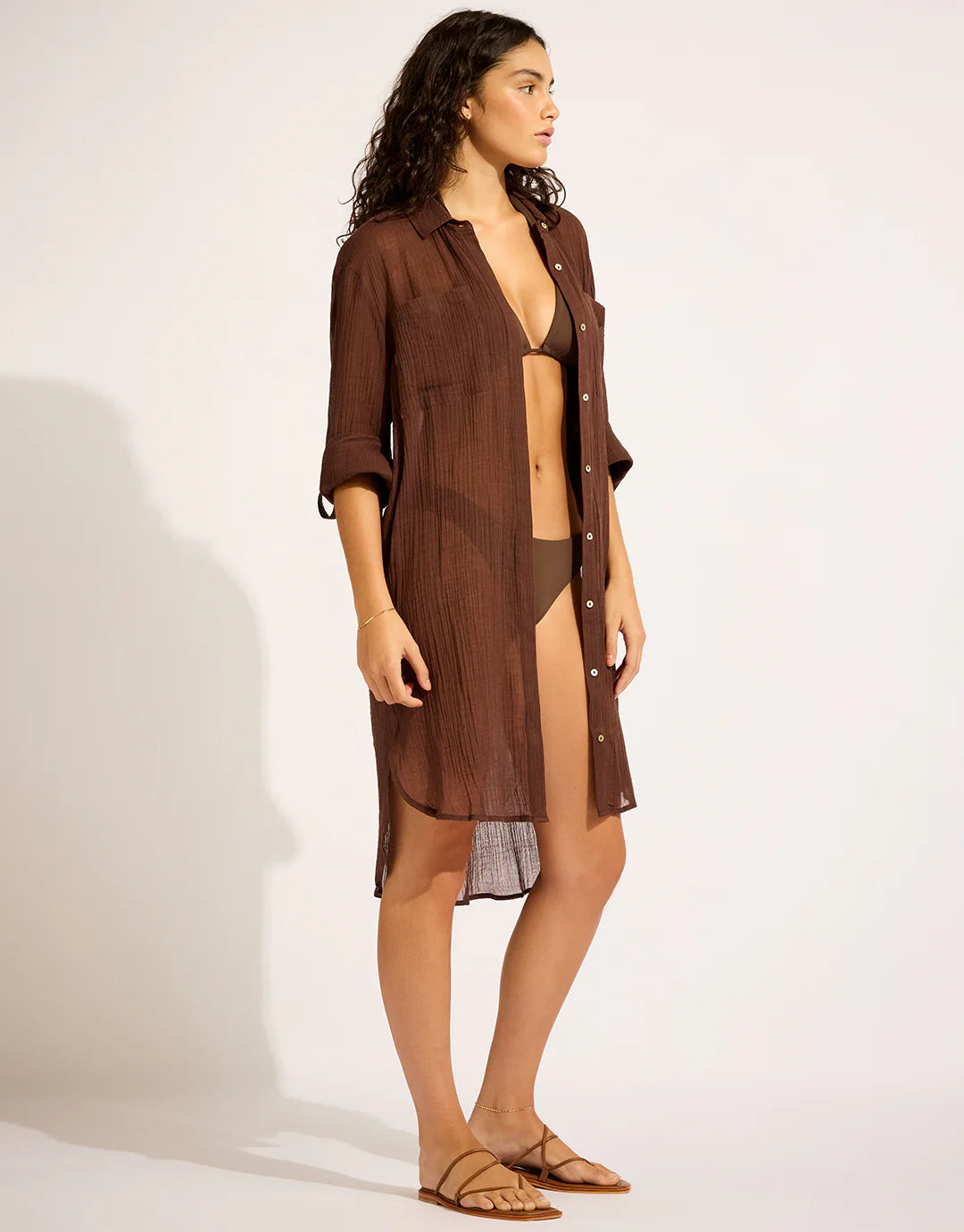 Seafolly Crinkle Twill Beach Shirt in Dark Chocolate