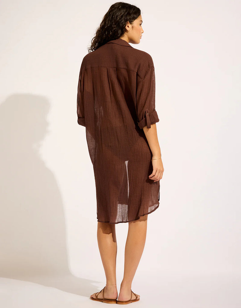 Seafolly Crinkle Twill Beach Shirt in Dark Chocolate