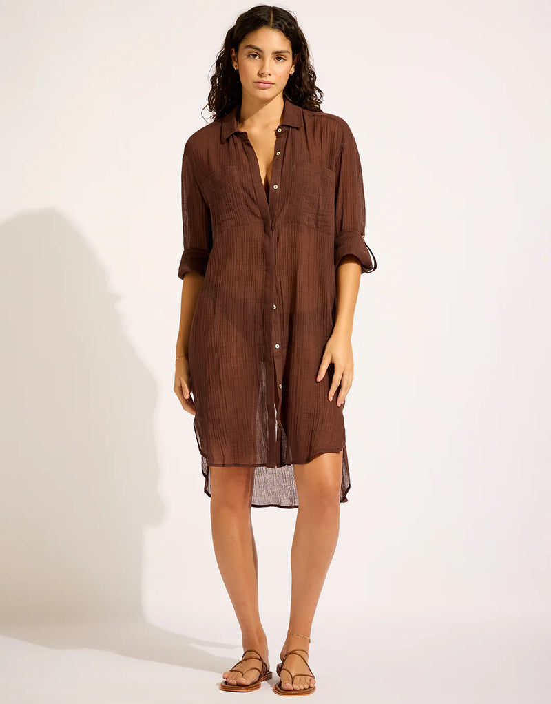 Seafolly Crinkle Twill Beach Shirt in Dark Chocolate