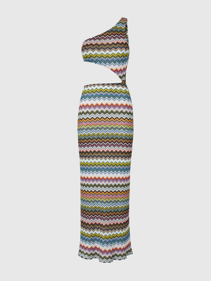 Missoni One Shoulder Cut Out Maxi Dress in Zig Zag Lurex Dark