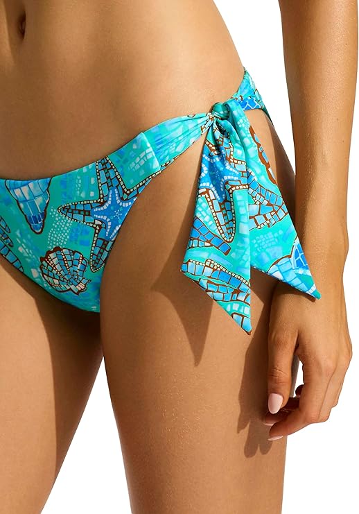 Seafolly Twist Bandeau and Tie Side Pant Bikini Set in Aquatic Blue Print
