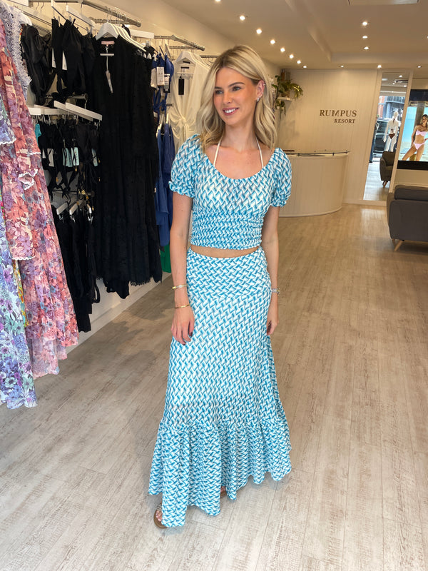 Sunday St Tropez Zig Zag Lurex Crochet Maxi Skirt Turquoise