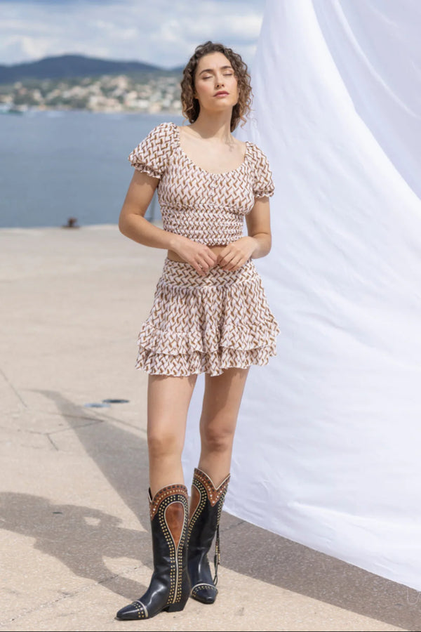 Sunday St Tropez Zig Zag Lurex Crochet Mini Skirt Beige