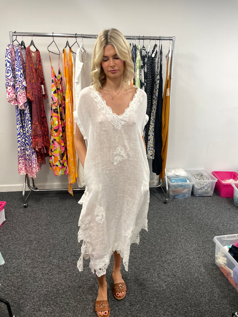 Muche & Muchette V Neck Linen Dress in White