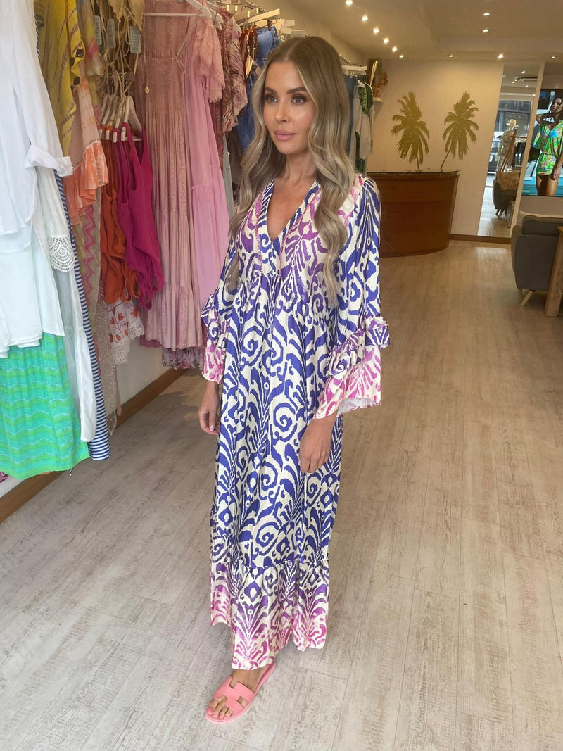 Valerie Khalfon Long Sleeve Maxi Dress in Hot Blue Print 15% OFF