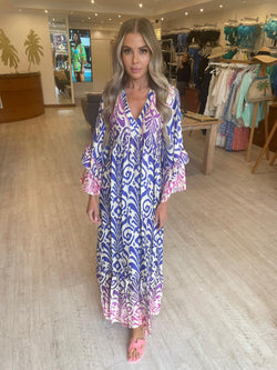 Long Sleeve Maxi Dress in Hot Blue Print