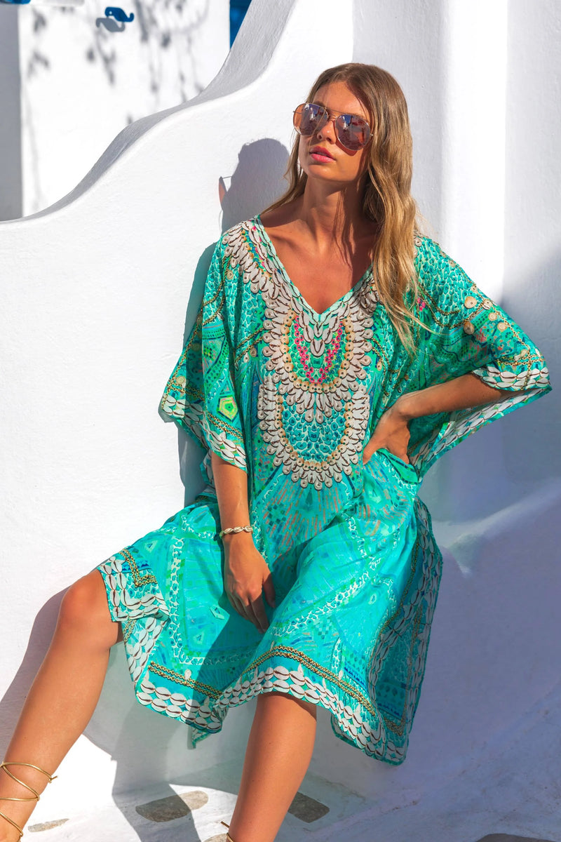 Lindsey Brown Rhodes Aqua Sparkly Kaftan