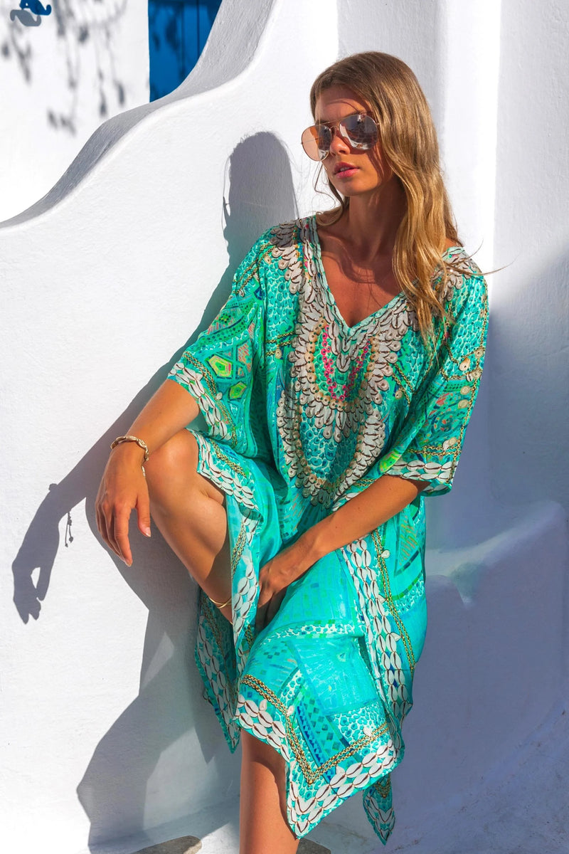 Lindsey Brown Rhodes Aqua Sparkly Kaftan