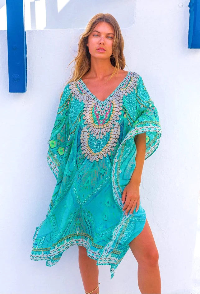 Lindsey Brown Rhodes Aqua Sparkly Kaftan