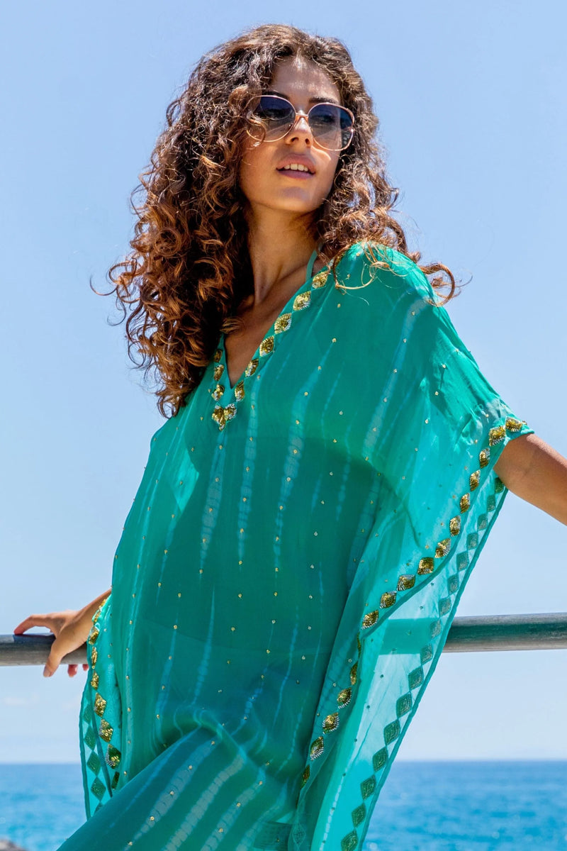Lindsey Brown Daiquiri Aqua Silk Tie Dye Kaftan