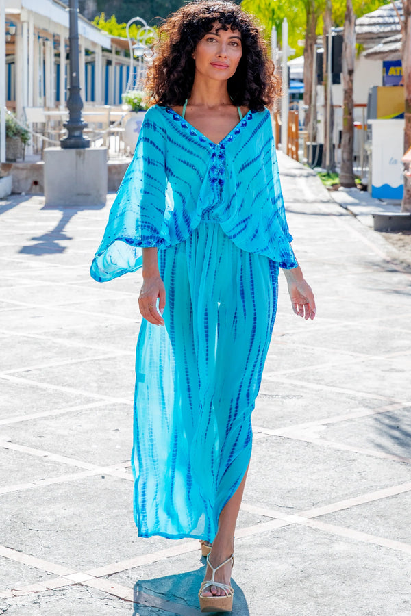 Lindsey Brown Havana Turquoise Blue Silk Maxi Kaftan