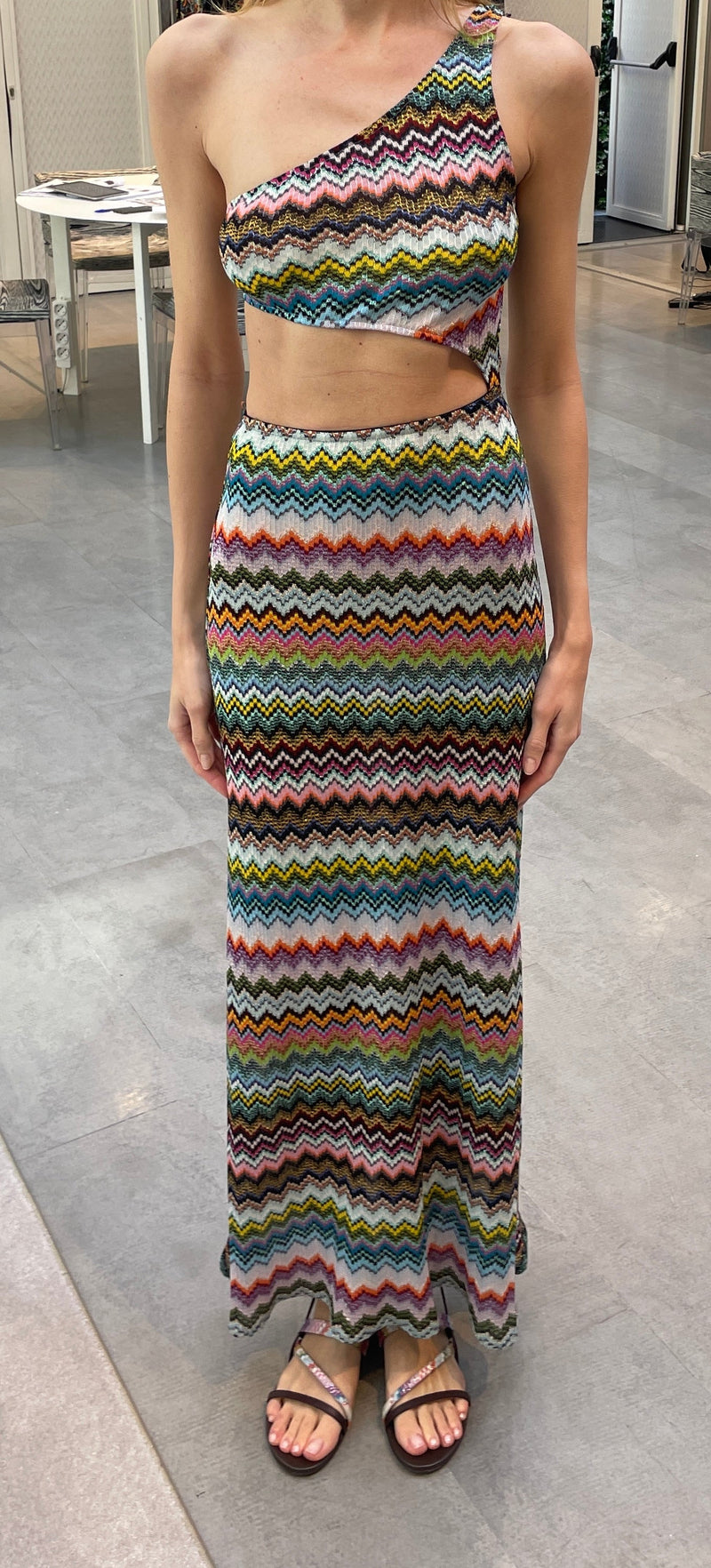 Missoni One Shoulder Cut Out Maxi Dress in Zig Zag Lurex Dark