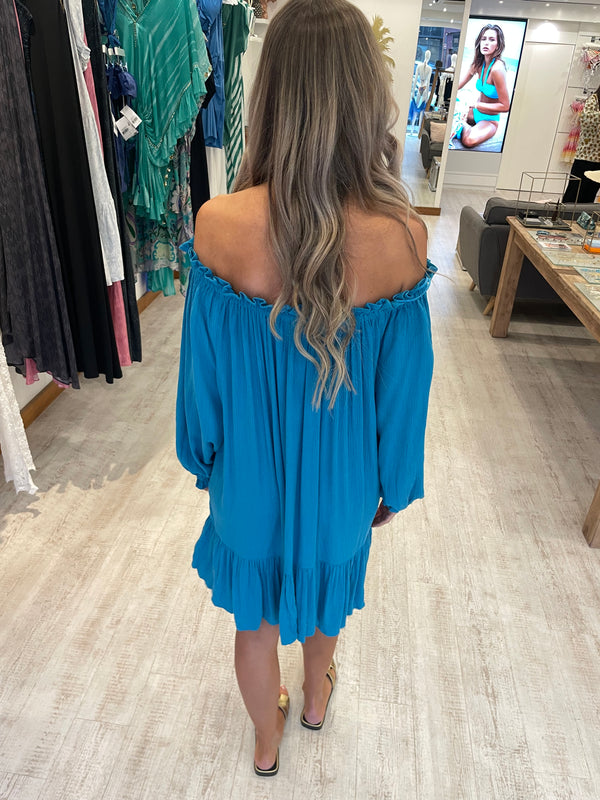 Elan Off Shoulder Tiered Mini Dress Aqua