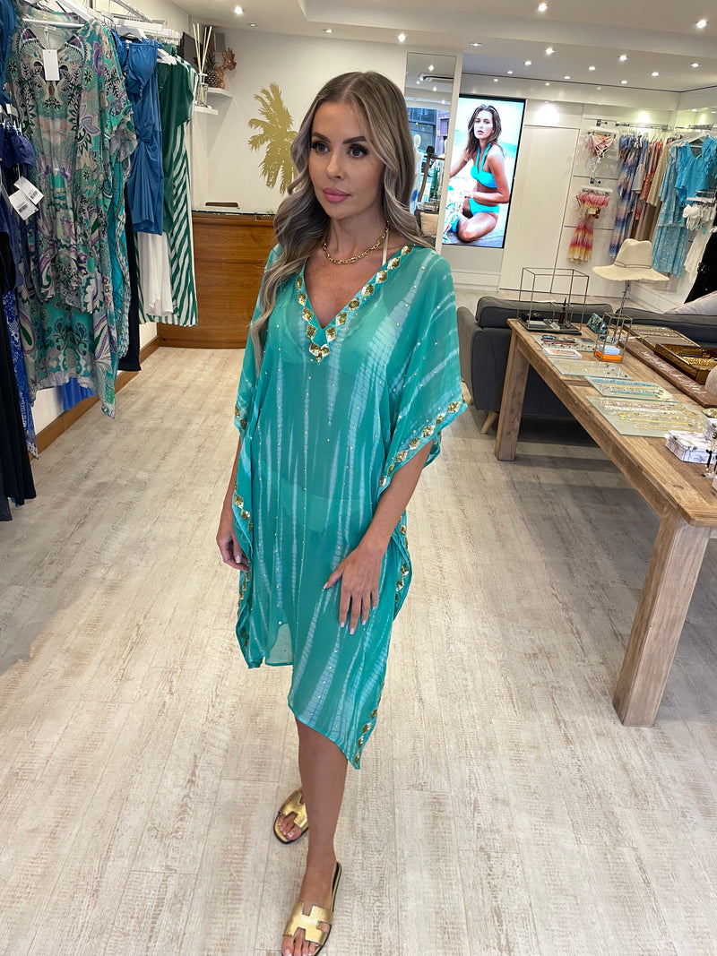 Lindsey Brown Daiquiri Aqua Silk Tie Dye Kaftan