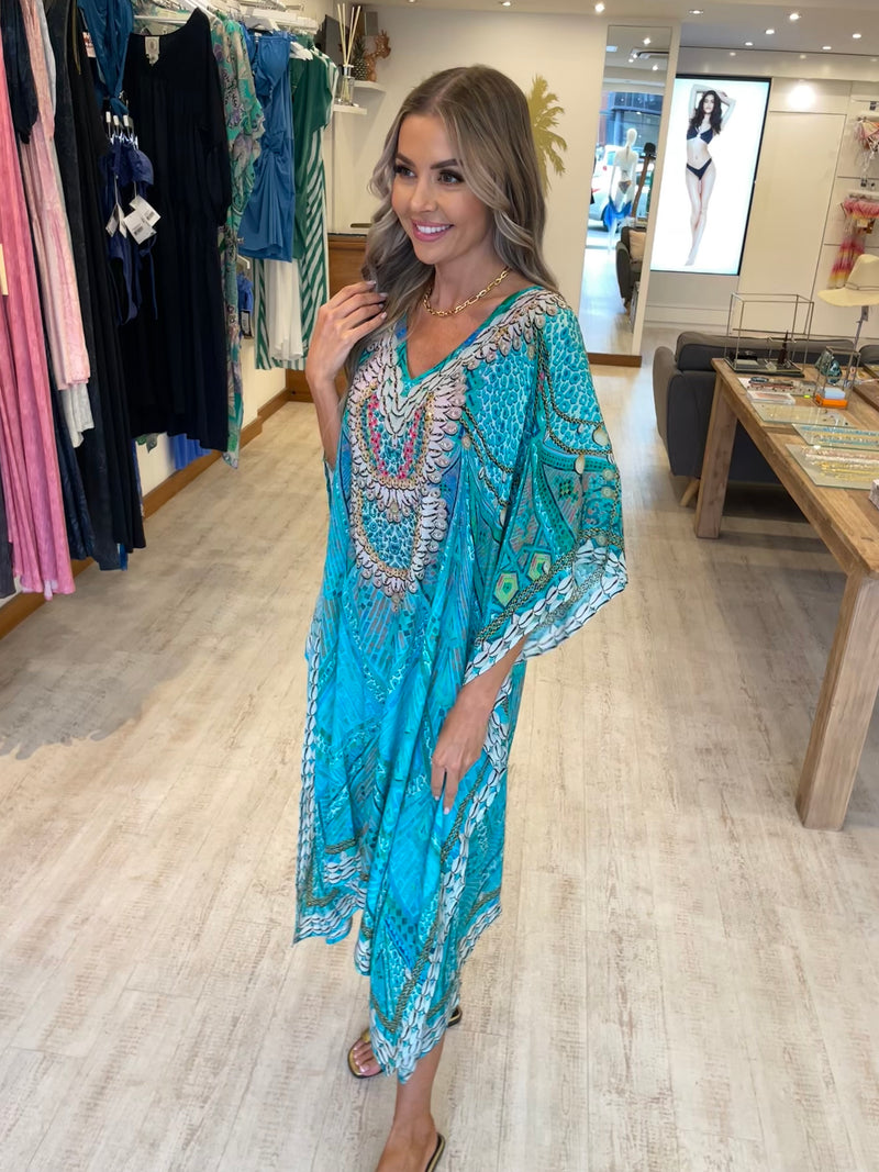 Lindsey Brown Rhodes Aqua Sparkly Kaftan