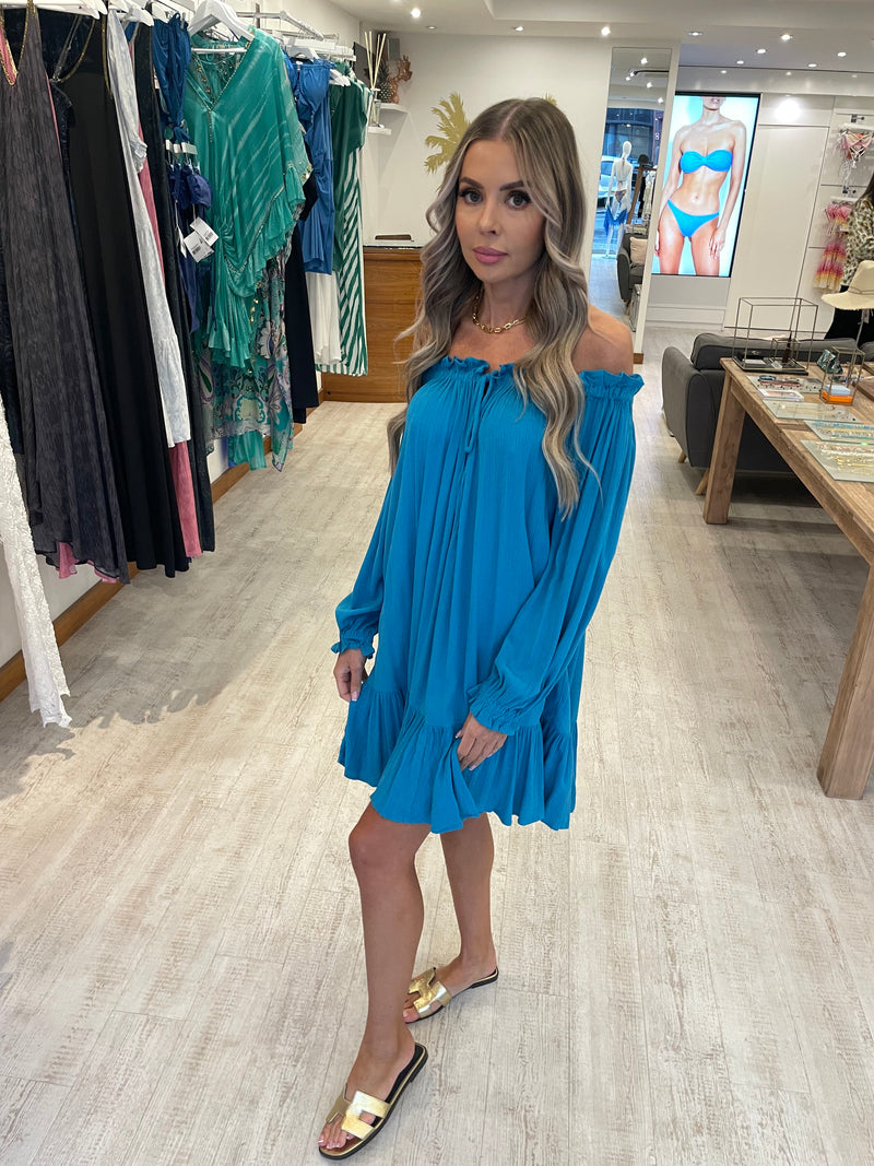 Elan Off Shoulder Tiered Mini Dress Aqua