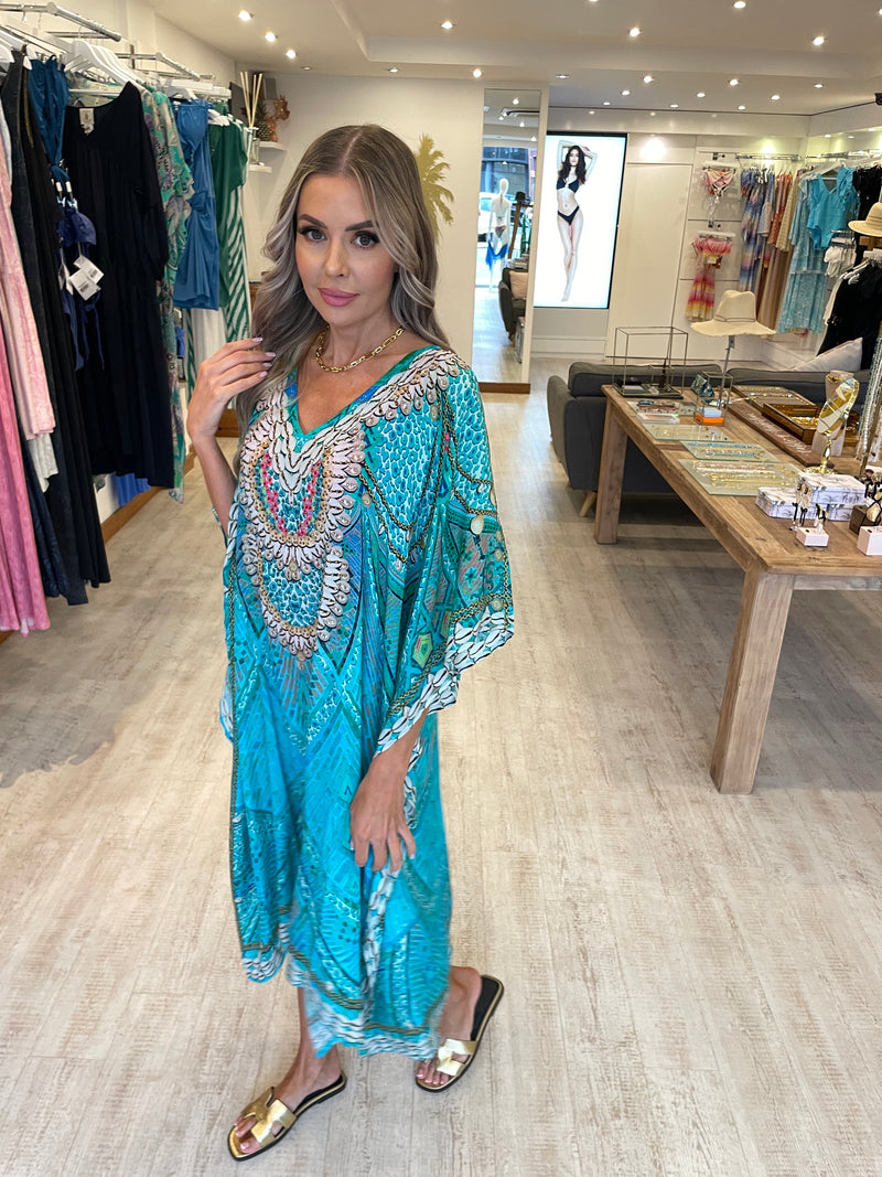 Lindsey Brown Rhodes Aqua Sparkly Kaftan