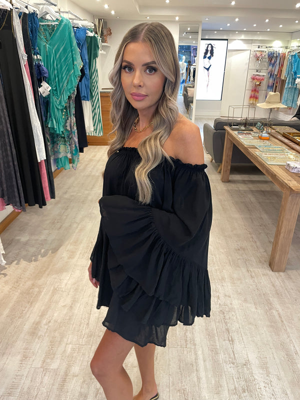 Elan Off Shoulder Ruffle Mini Dress Black