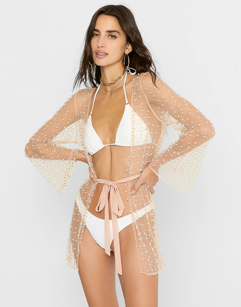 Beach Bunny Girl Gang Pearl Mesh Mini Robe In Nude