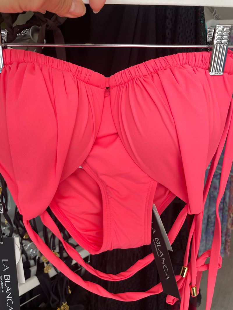 La Blanca Island Goddess Halter Triangle with Tie Side Loop Brief Bikini Set Coral Reef (neon bright)