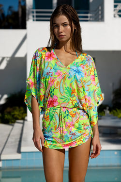Luli Fama Cabana V Neck Dress in Hibiscus Dream 15% OFF