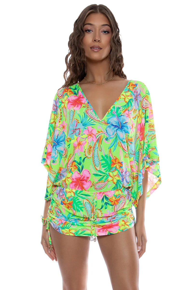 Luli Fama Cabana V Neck Dress in Hibiscus Dream 15% OFF