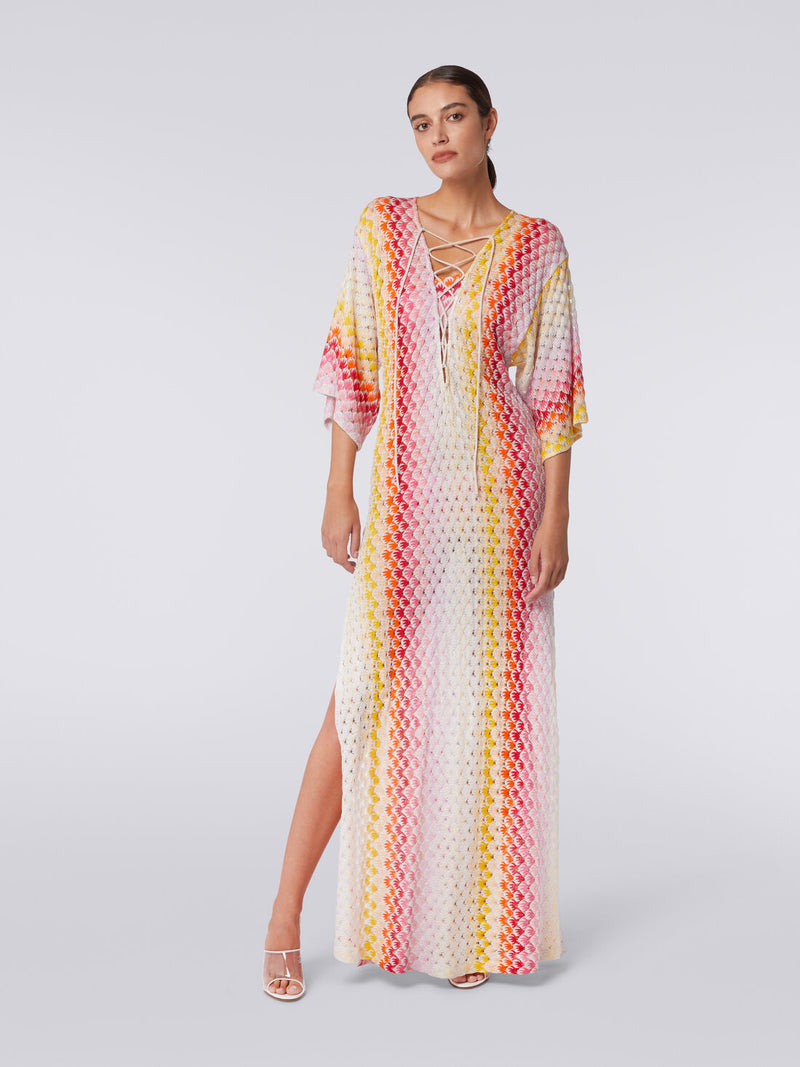 Missoni Striped Metallic Crochet Knit Long Kaftan in Red