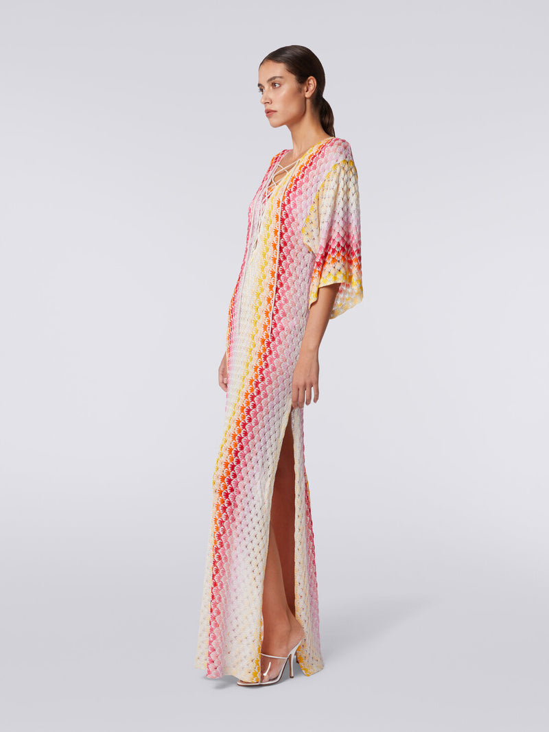 Missoni Striped Metallic Crochet Knit Long Kaftan in Red