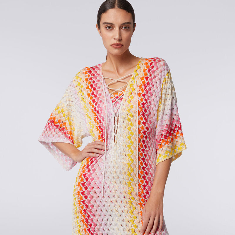 Missoni Striped Metallic Crochet Knit Long Kaftan in Red