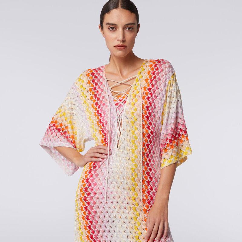 Missoni Striped Metallic Crochet Knit Long Kaftan in Red