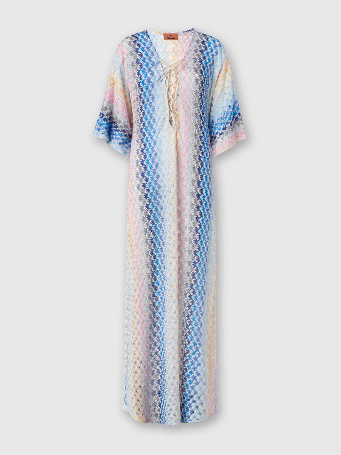 Missoni Striped Metallic Crochet Knit Long Kaftan in Blue
