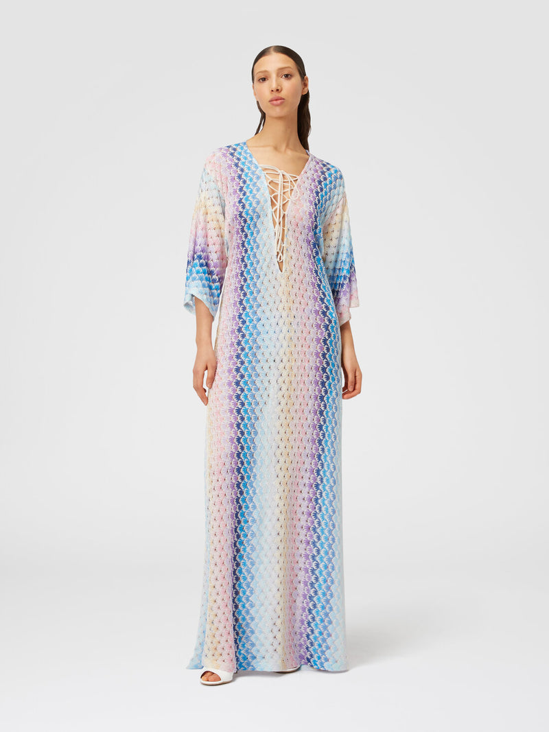 Missoni Striped Metallic Crochet Knit Long Kaftan in Blue