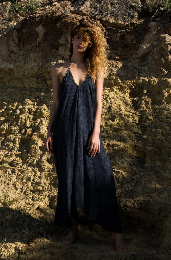 Hansine Rhodes Dress in Balinese Feather Print in Charcoal