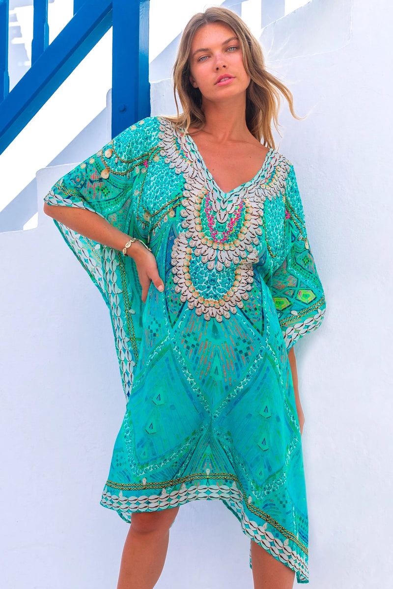 Lindsey Brown Rhodes Aqua Sparkly Kaftan