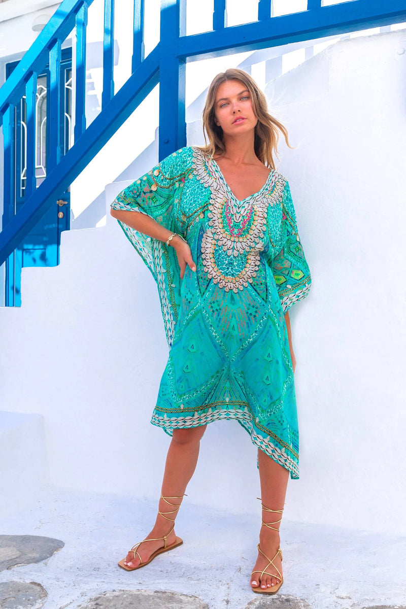 Lindsey Brown Rhodes Aqua Sparkly Kaftan