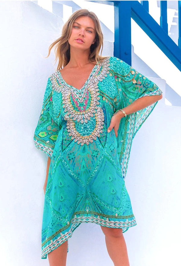 Lindsey Brown Rhodes Aqua Sparkly Kaftan