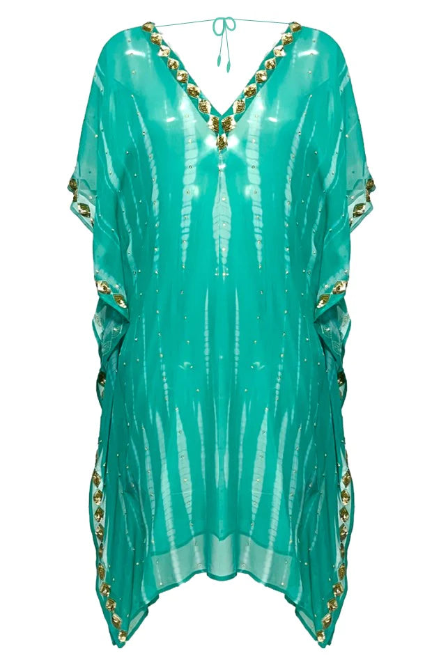 Lindsey Brown Daiquiri Aqua Silk Tie Dye Kaftan