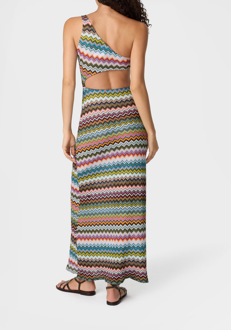 Missoni One Shoulder Cut Out Maxi Dress in Zig Zag Lurex Dark