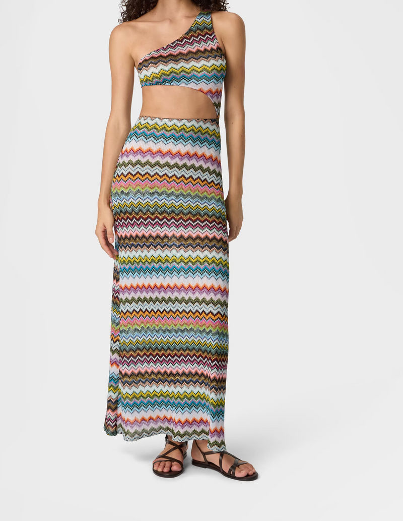 Missoni One Shoulder Cut Out Maxi Dress in Zig Zag Lurex Dark