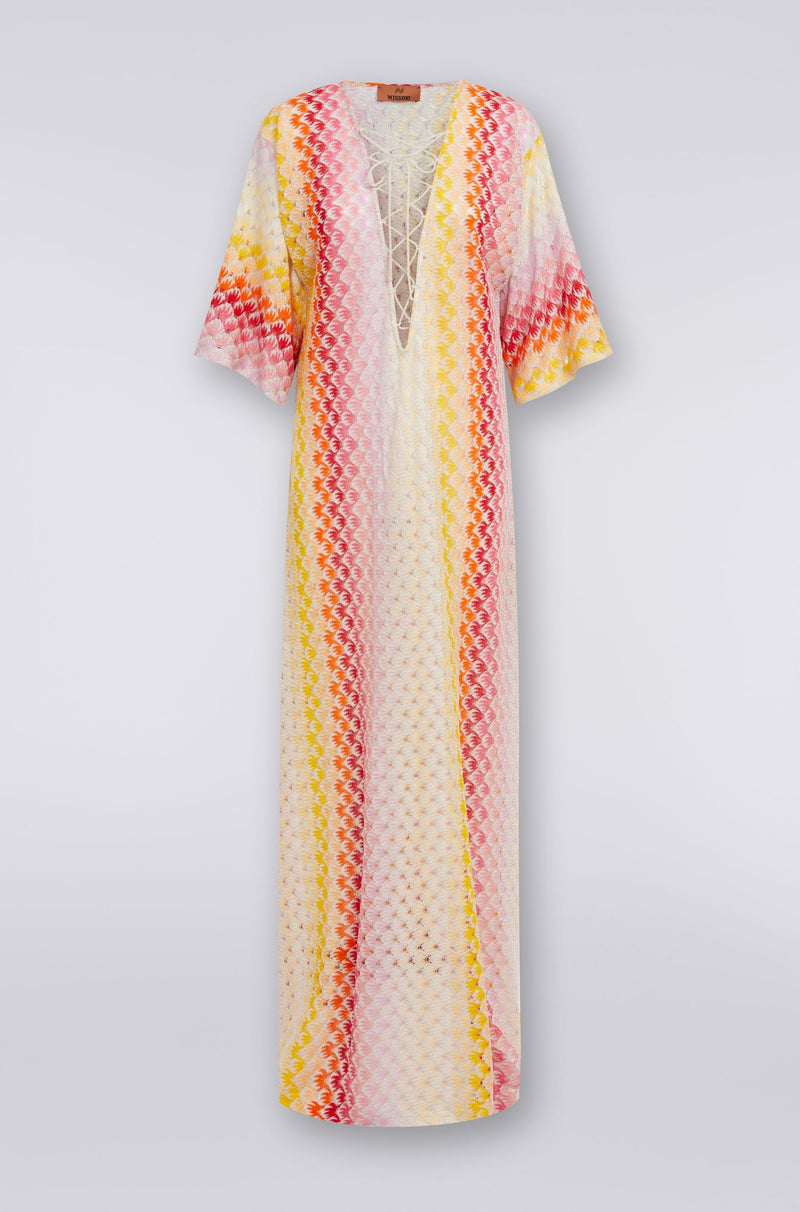 Missoni Striped Metallic Crochet Knit Long Kaftan in Red