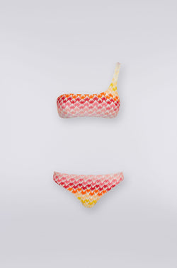 Missoni Striped Metallic Crochet Knit One Shoulder Bikini in Red
