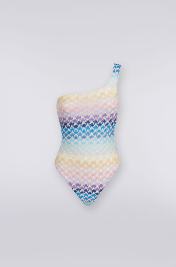 Missoni Striped Metallic Crochet Knit One Piece in Blue